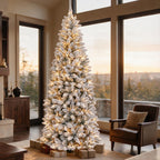 6 Ft Slim Snow-Flocked Pre-Lit Artificial Christmas Tree with 200 Dual-Color LED Lights & 10 Lighting Modes