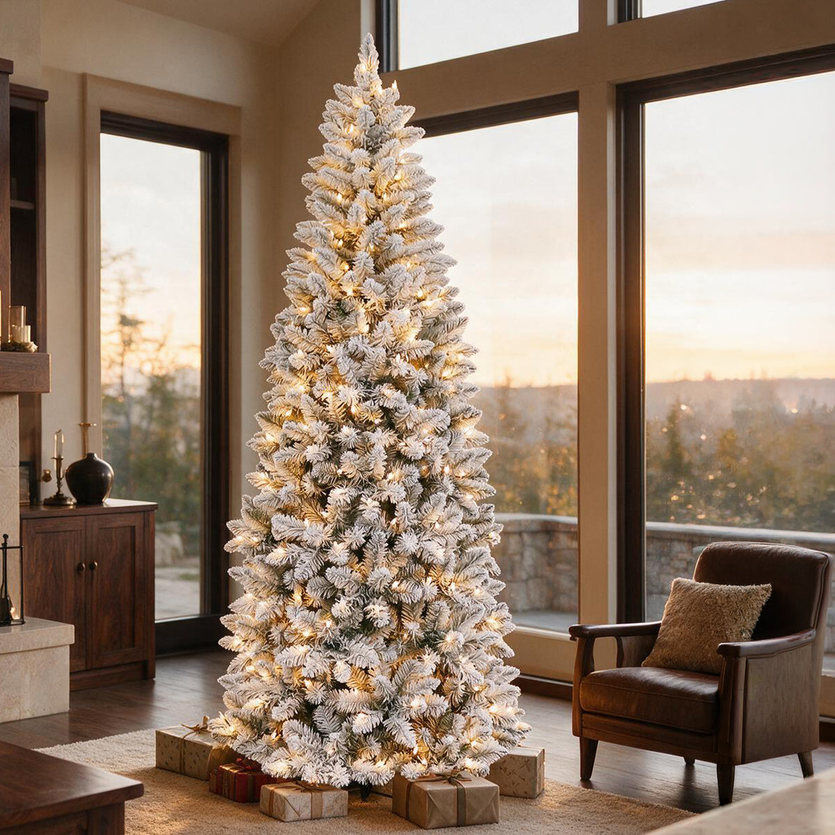 7.5 Ft Slim Snow-Flocked Pre-Lit Artificial Christmas Tree with 300 Dual-Color LED Lights & 10 Lighting Modes