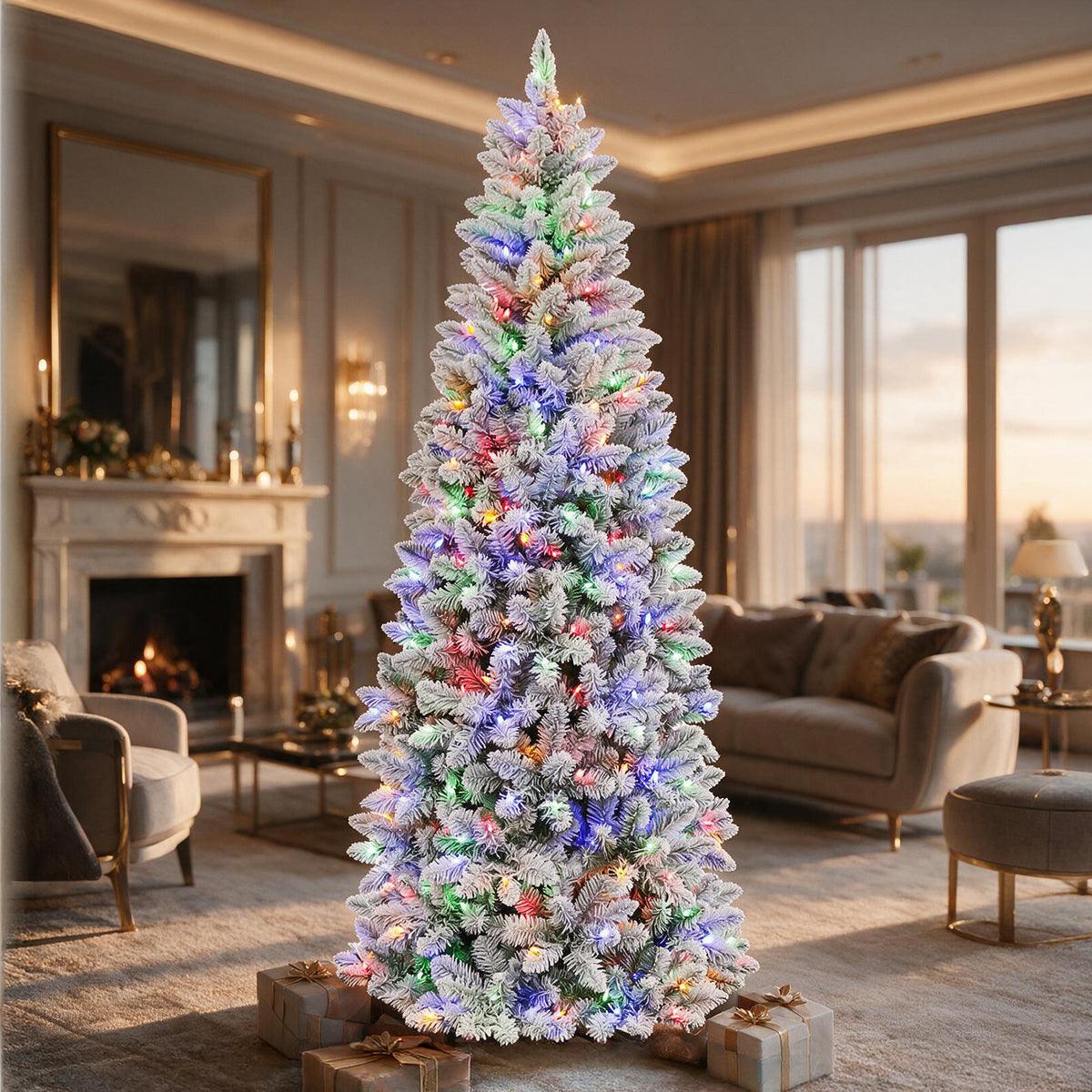 6 Ft Slim Snow-Flocked Pre-Lit Artificial Christmas Tree with 200 Dual-Color LED Lights & 10 Lighting Modes