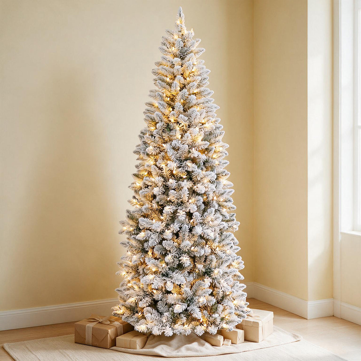 6 Ft Slim Snow-Flocked Pre-Lit Artificial Christmas Tree with 200 Dual-Color LED Lights & 10 Lighting Modes