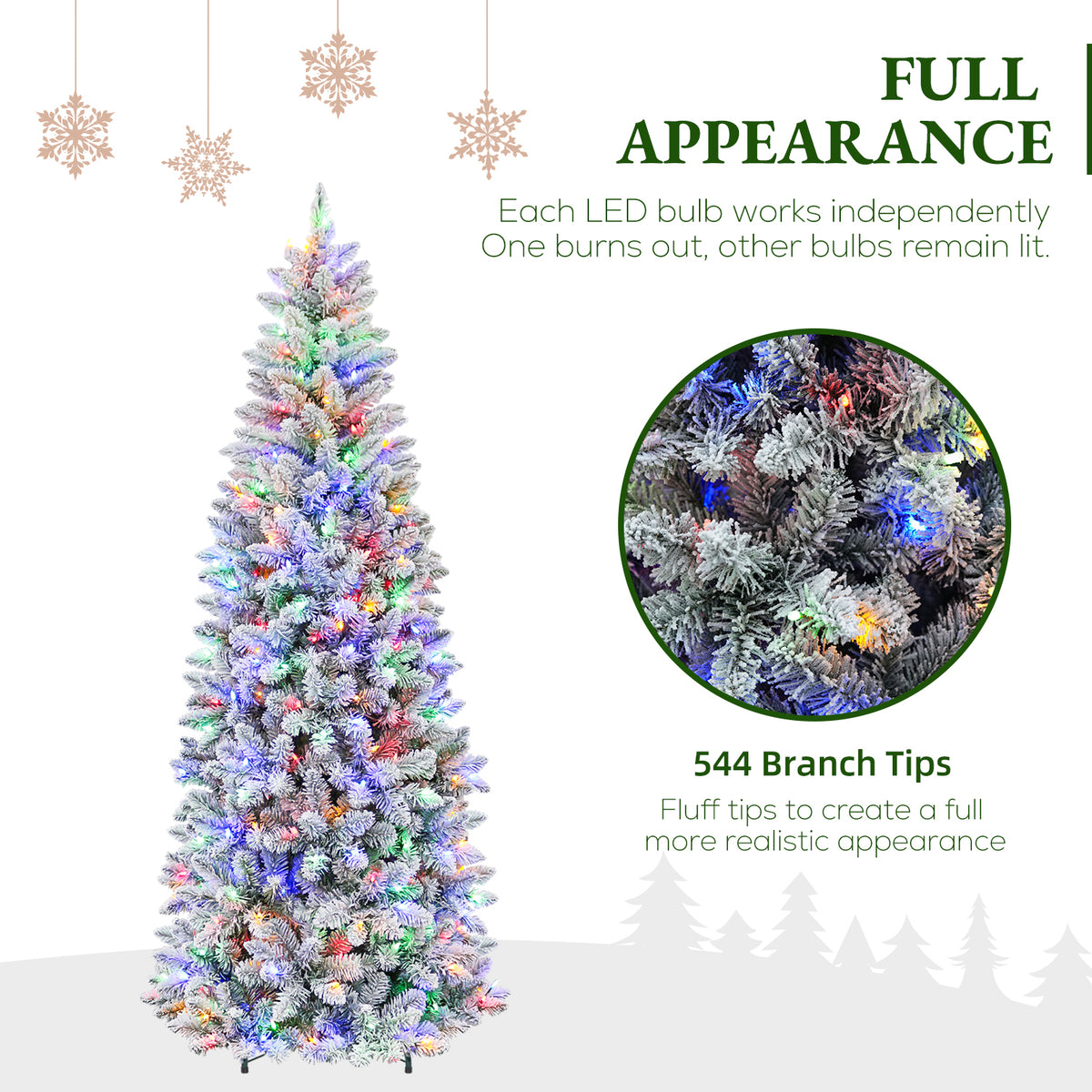 7.5 Ft Slim Snow-Flocked Pre-Lit Artificial Christmas Tree with 300 Dual-Color LED Lights & 10 Lighting Modes