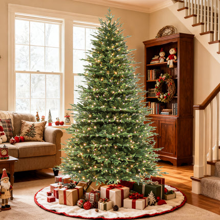 Vivatrees 7.5FT 9FT 12FT Prelit Artificial Christmas Tree with Warm White LED Lights, Metal Stand, Hinged Branches for Holiday Home Decoration