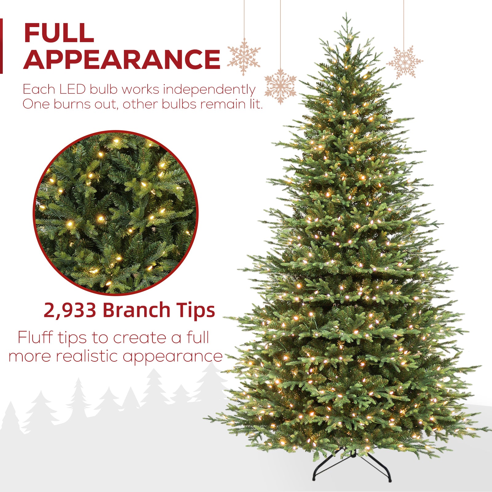 Vivatrees 7.5FT 9FT 12FT Prelit Artificial Christmas Tree with Warm White LED Lights, Metal Stand, Hinged Branches for Holiday Home Decoration