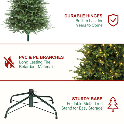 Vivatrees 7.5FT 9FT 12FT Prelit Artificial Christmas Tree with Warm White LED Lights, Metal Stand, Hinged Branches for Holiday Home Decoration