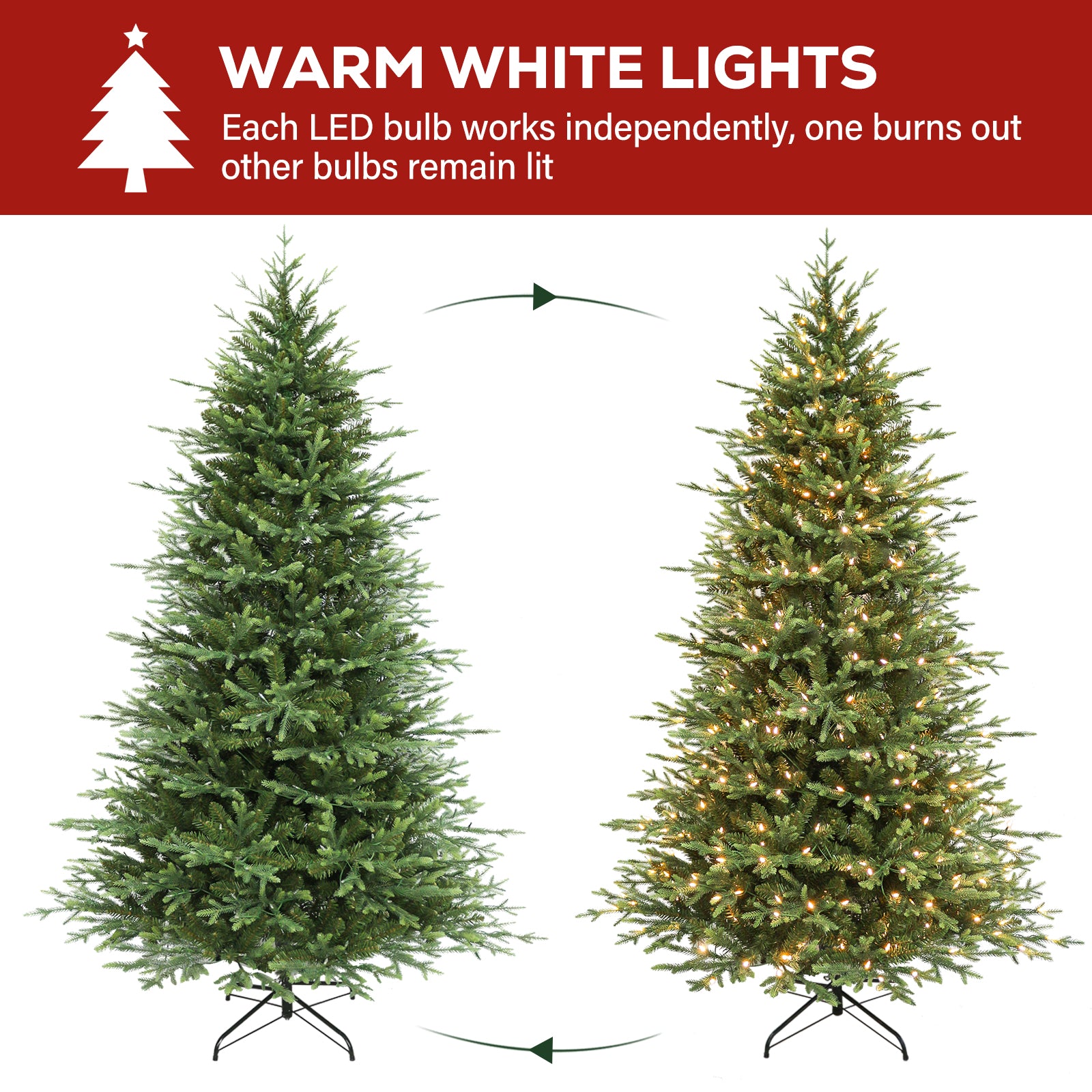 Vivatrees 7.5FT 9FT 12FT Prelit Artificial Christmas Tree with Warm White LED Lights, Metal Stand, Hinged Branches for Holiday Home Decoration