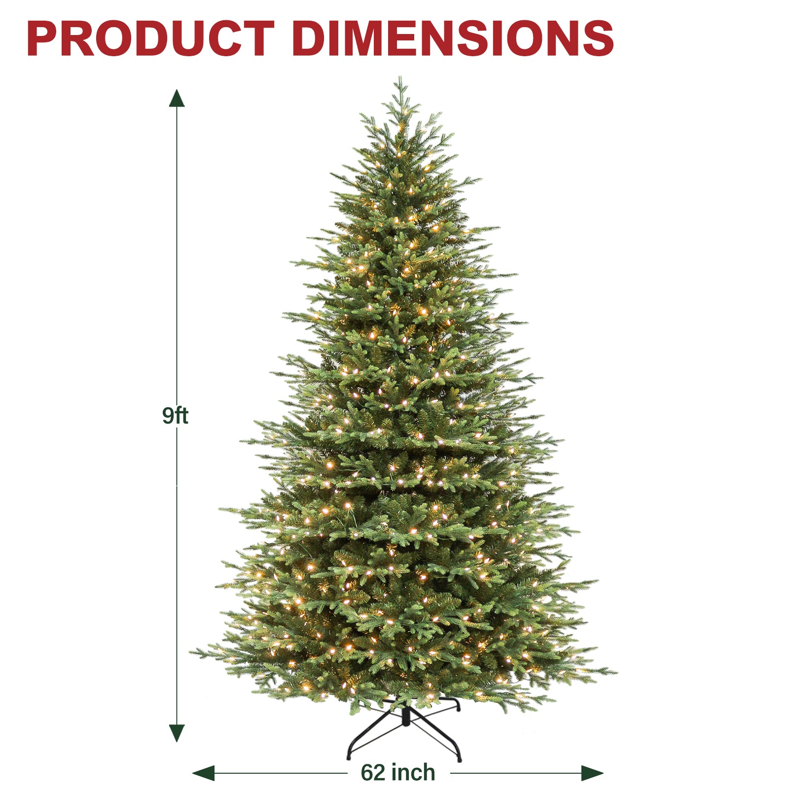 Vivatrees 7.5FT 9FT 12FT Prelit Artificial Christmas Tree with Warm White LED Lights, Metal Stand, Hinged Branches for Holiday Home Decoration