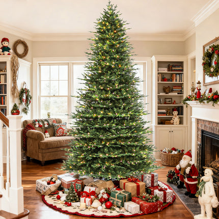 Vivatrees 7.5FT 9FT 12FT Prelit Artificial Christmas Tree with Warm White LED Lights, Metal Stand, Hinged Branches for Holiday Home Decoration