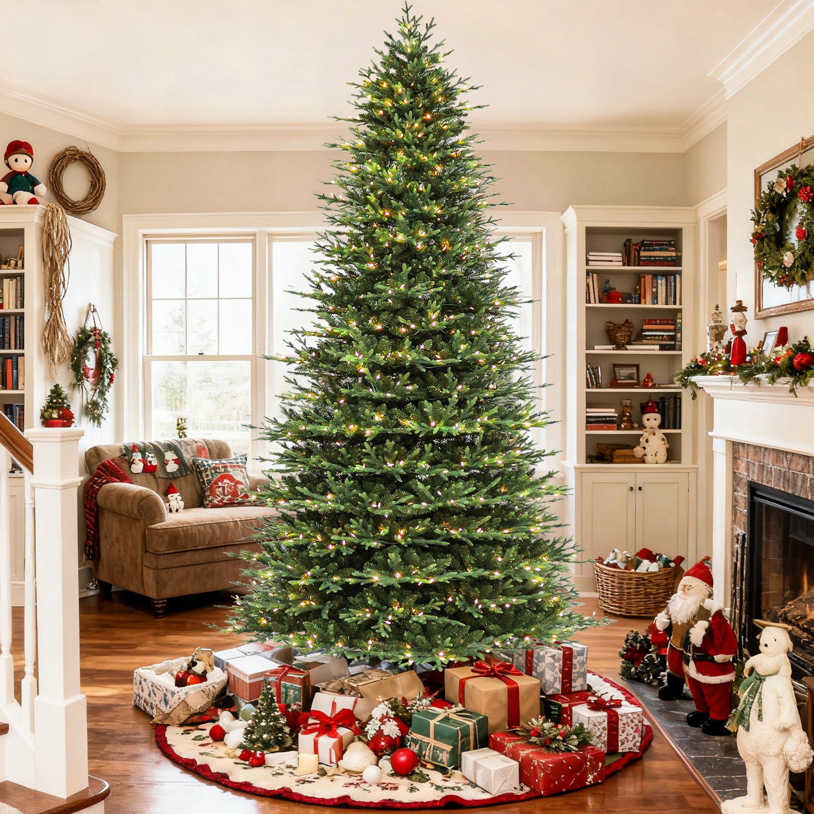 Vivatrees 7.5FT 9FT 12FT Prelit Artificial Christmas Tree with Warm White LED Lights, Metal Stand, Hinged Branches for Holiday Home Decoration
