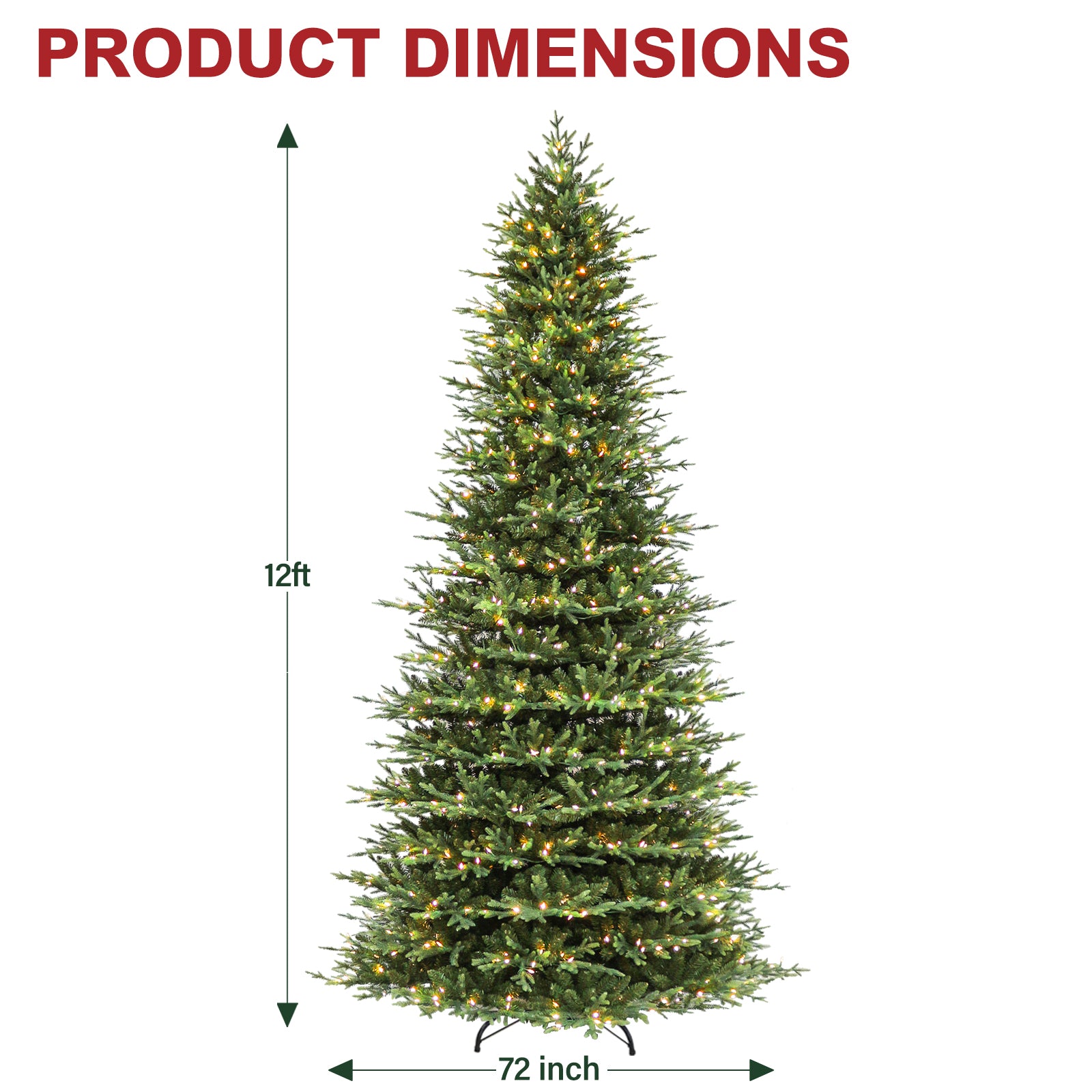Vivatrees 7.5FT 9FT 12FT Prelit Artificial Christmas Tree with Warm White LED Lights, Metal Stand, Hinged Branches for Holiday Home Decoration
