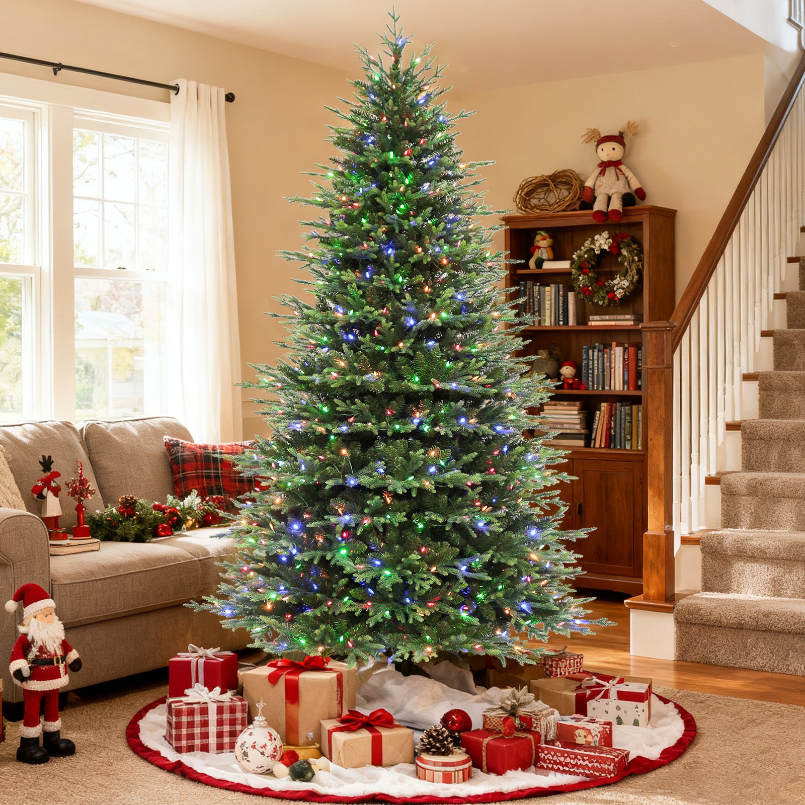 Vivatrees 7.5FT 9FT 12FT Prelit Artificial Christmas Tree, with 10 Lighting Modes, Hinged Branches, Color Changing LED Lights, Metal Stand, Realistic Xmas Pine Tree for Holiday Decor