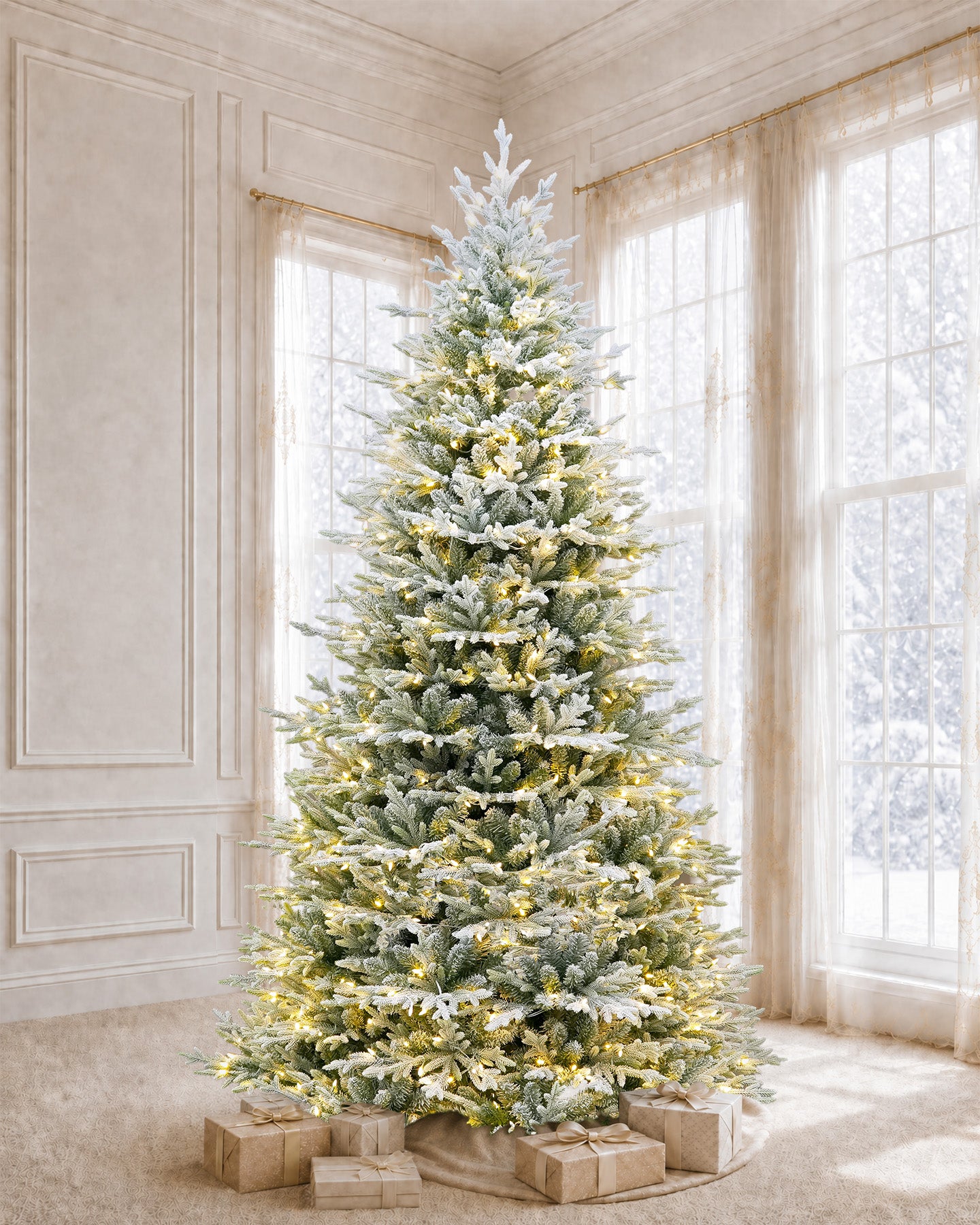 12' FirstSnow Light Flocked Fir Artificial Christmas Tree with 850 Warm White LED Lights