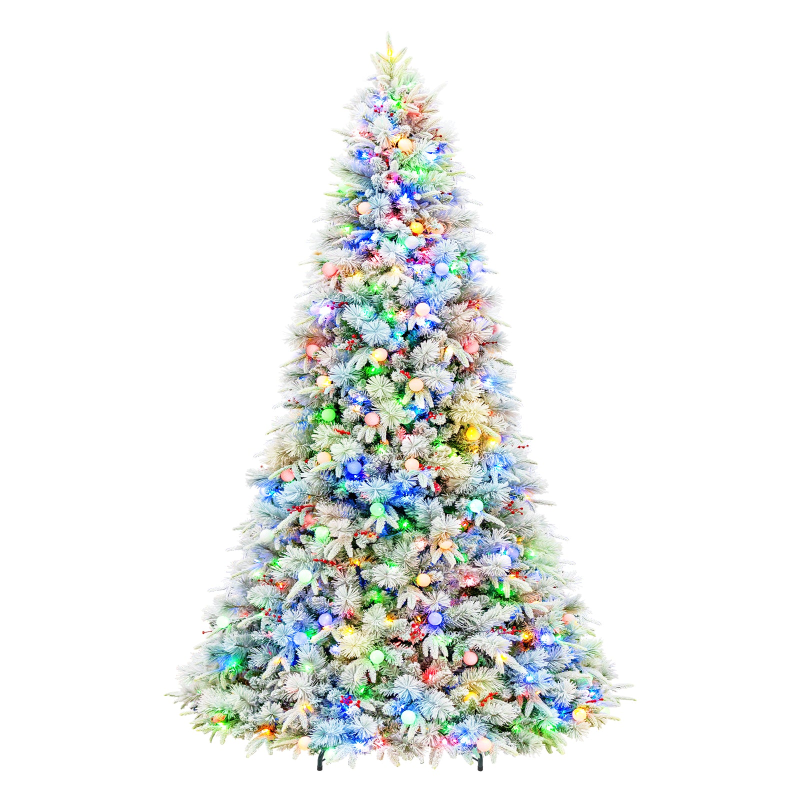 Vivatrees 7.5FT 9FT 12FT Prelit Artificial Christmas Tree, 10 Lighting Modes with Red Berries, Multi Colors, Metal Stand, Snow Flocked Xmas Tree For Decor