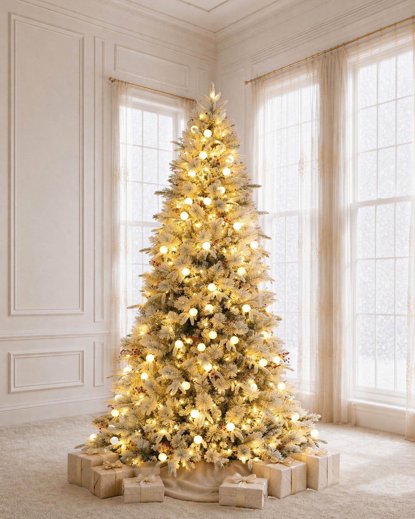 7.5' Woodland Flocked Pine Artificial Christmas Tree with 450 Warm White & Color LED Lights