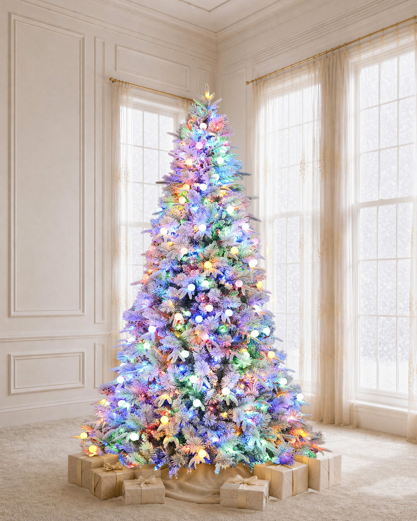 7.5' Woodland Flocked Pine Artificial Christmas Tree with 450 Warm White & Color LED Lights