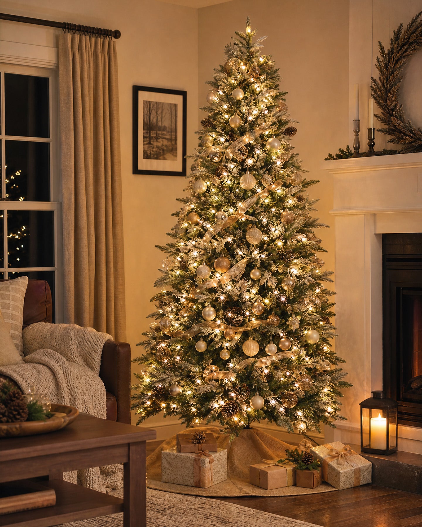 7.5' Woodland Flocked Pine Artificial Christmas Tree with 450 Warm White & Color LED Lights