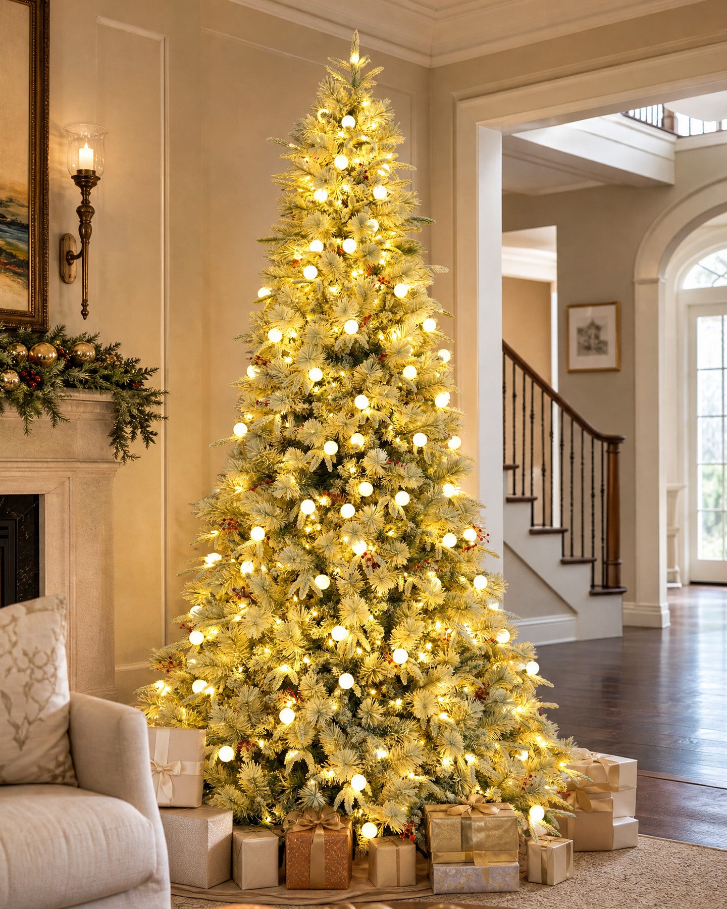 12' Woodland Flocked Pine Artificial Christmas Tree with 850 Warm White & Color LED Lights