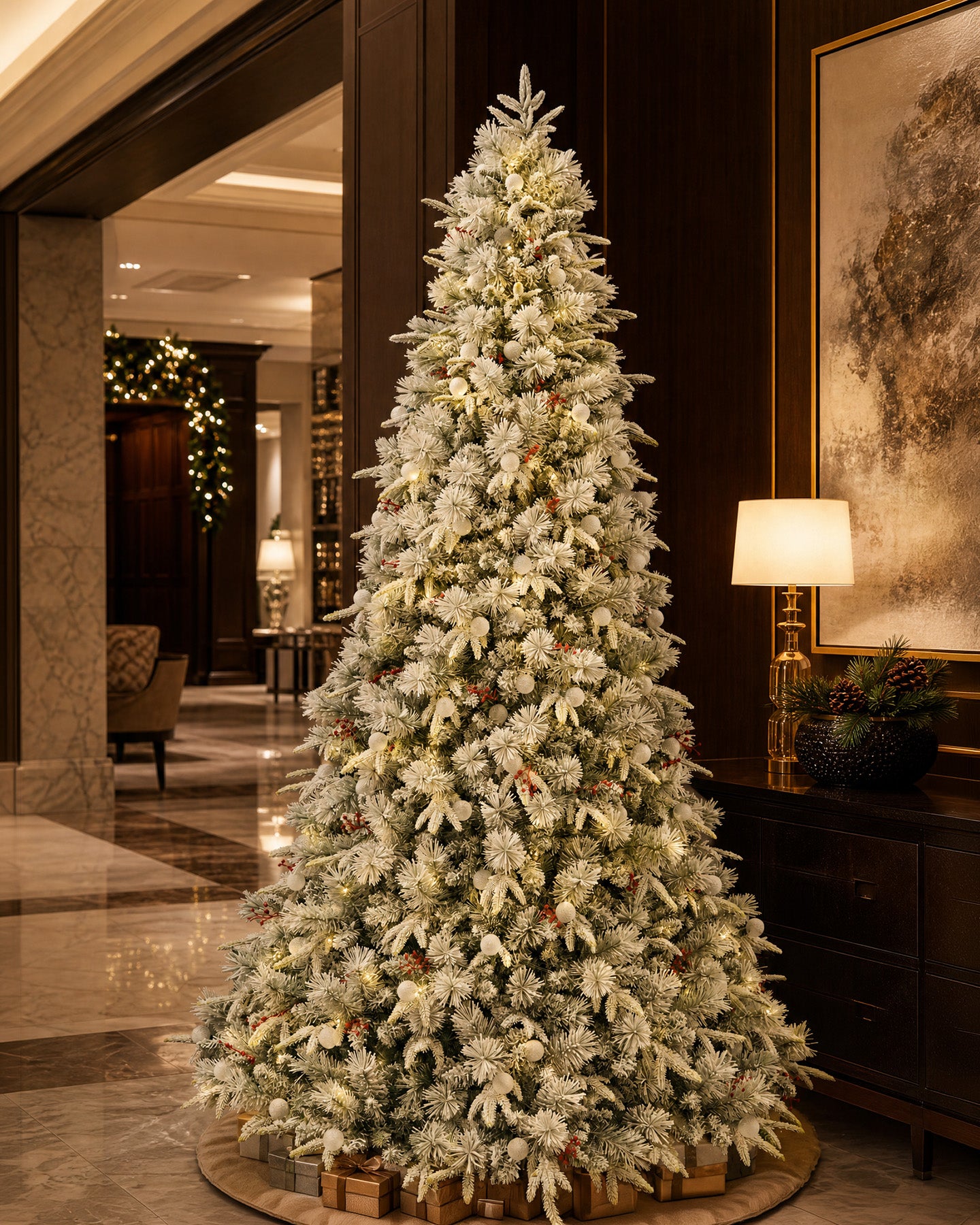 12' Woodland Flocked Pine Artificial Christmas Tree with 850 Warm White & Color LED Lights