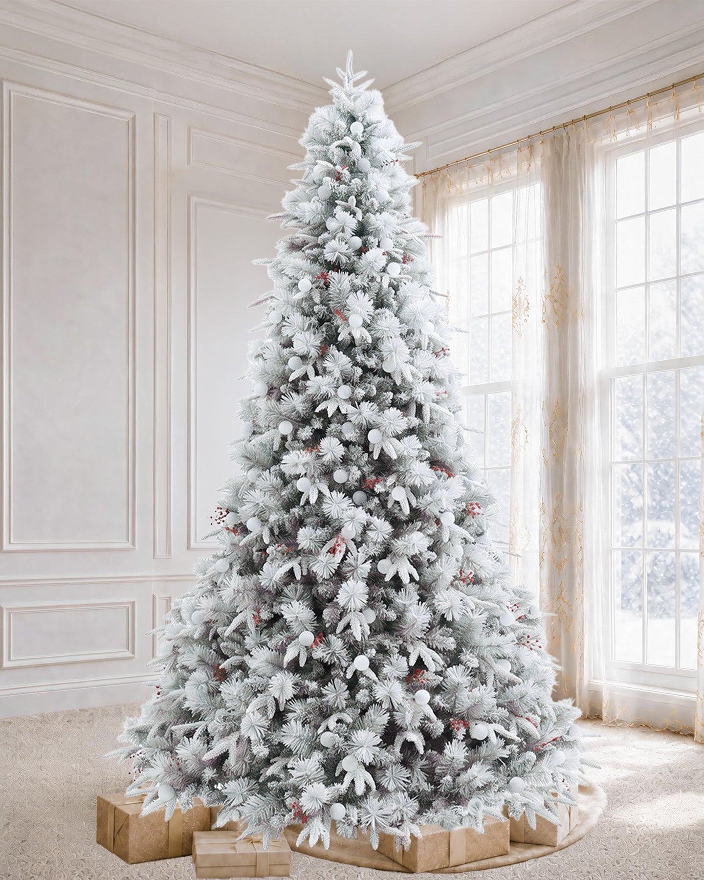 9' Woodland Flocked Pine Artificial Christmas Tree with 600 Warm White & Color LED Lights