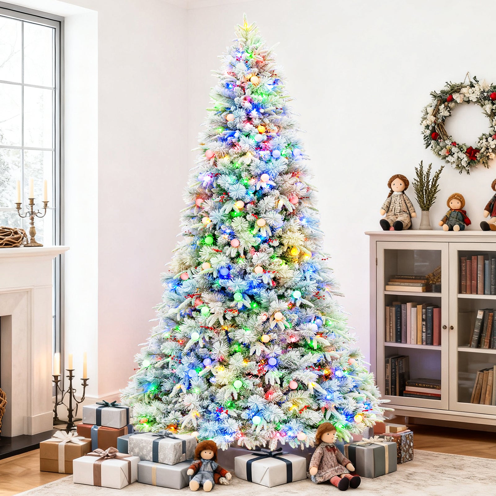 Vivatrees 7.5FT 9FT 12FT Prelit Artificial Christmas Tree, 10 Lighting Modes with Red Berries, Multi Colors, Metal Stand, Snow Flocked Xmas Tree For Decor