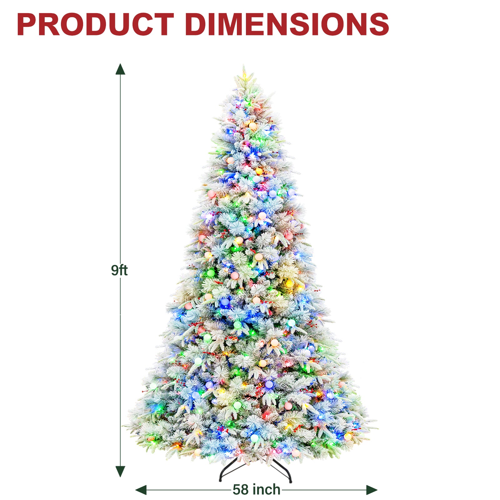 Vivatrees 7.5FT 9FT 12FT Prelit Artificial Christmas Tree, 10 Lighting Modes with Red Berries, Multi Colors, Metal Stand, Snow Flocked Xmas Tree For Decor