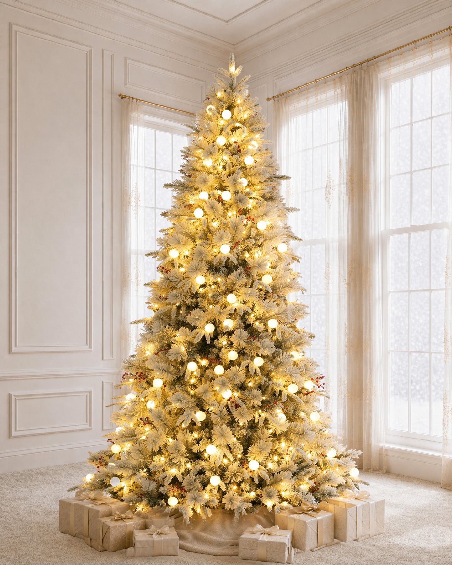 9' Woodland Flocked Pine Artificial Christmas Tree with 600 Warm White & Color LED Lights