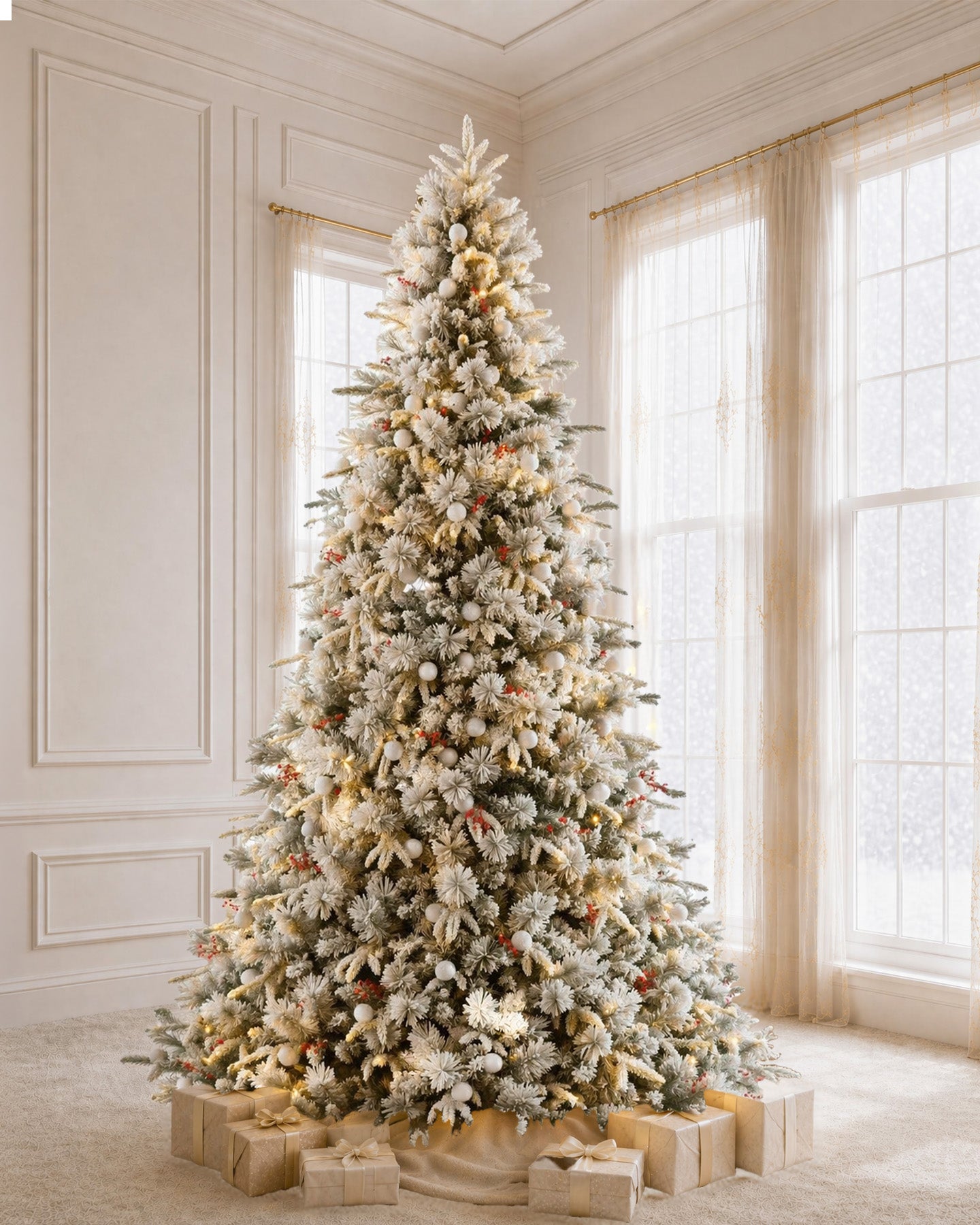 9' Woodland Flocked Pine Artificial Christmas Tree with 600 Warm White & Color LED Lights