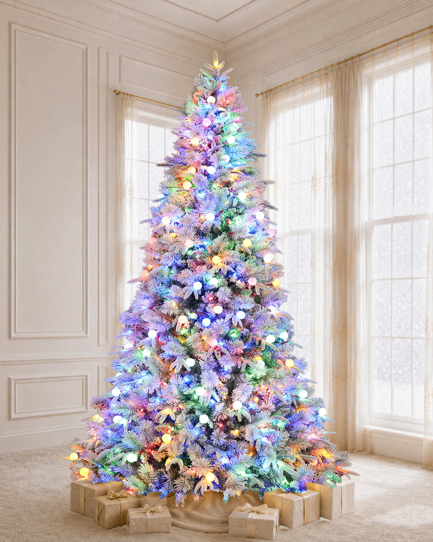 9' Woodland Flocked Pine Artificial Christmas Tree with 600 Warm White & Color LED Lights
