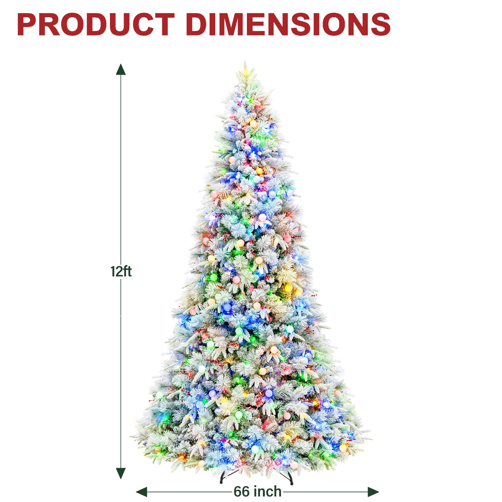 Vivatrees 7.5FT 9FT 12FT Prelit Artificial Christmas Tree, 10 Lighting Modes with Red Berries, Multi Colors, Metal Stand, Snow Flocked Xmas Tree For Decor