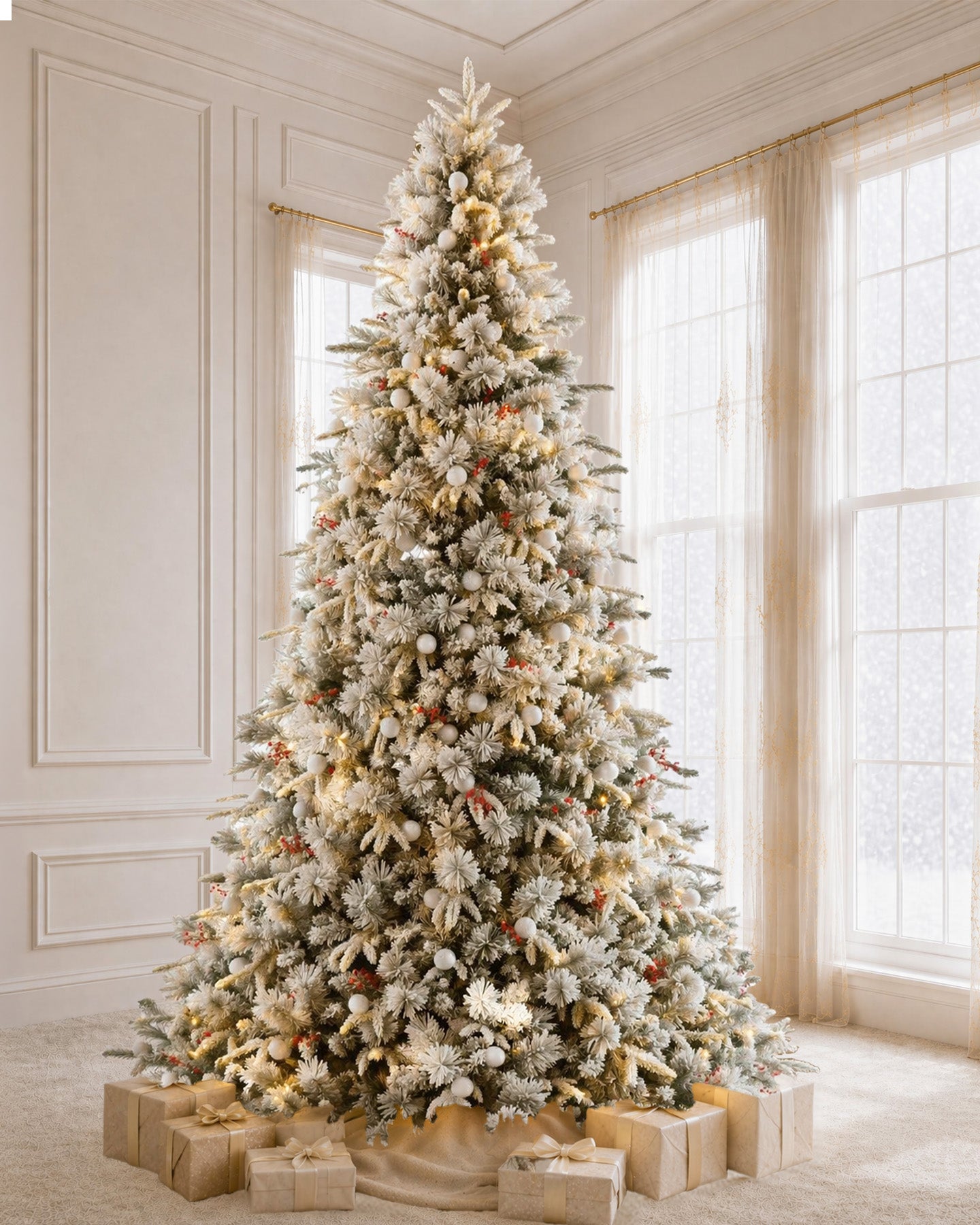 7.5' Woodland Flocked Pine Artificial Christmas Tree with 450 Warm White & Color LED Lights