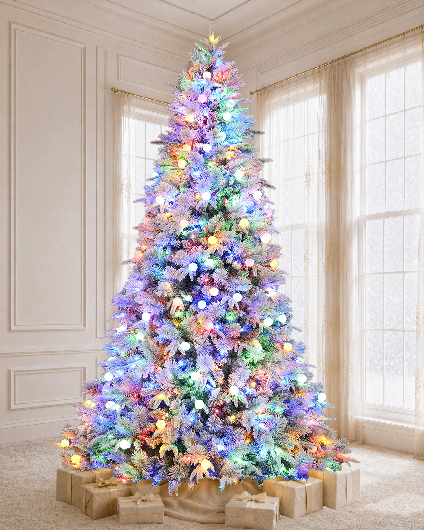 9' Woodland Flocked Pine Artificial Christmas Tree with 600 Warm White & Color LED Lights