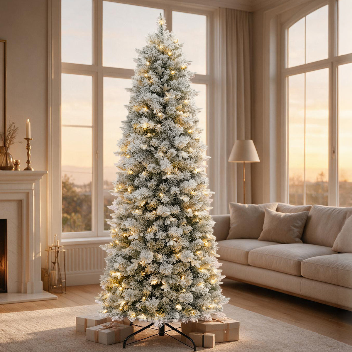 7.5 Ft Slim Lightly Flocked Mixed-Tip Pre-Lit Artificial Christmas Tree with Warm White LED Lights