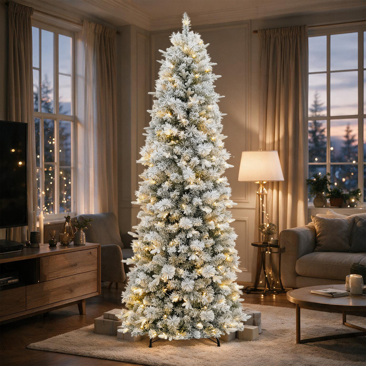 6 Ft Slim Lightly Flocked Mixed-Tip Pre-Lit Artificial Christmas Tree with Warm White LED Lights