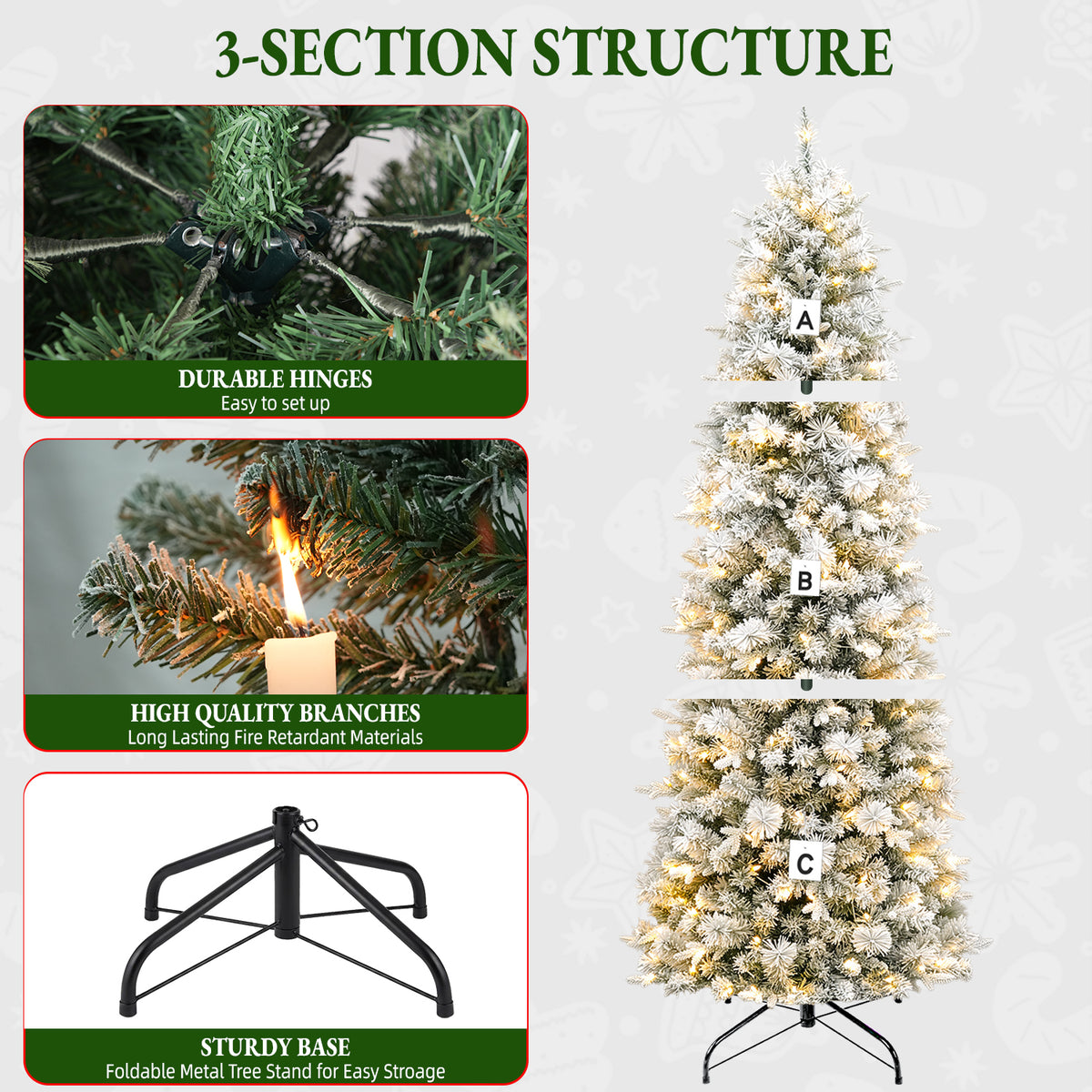 7.5 Ft Slim Lightly Flocked Mixed-Tip Pre-Lit Artificial Christmas Tree with Warm White LED Lights