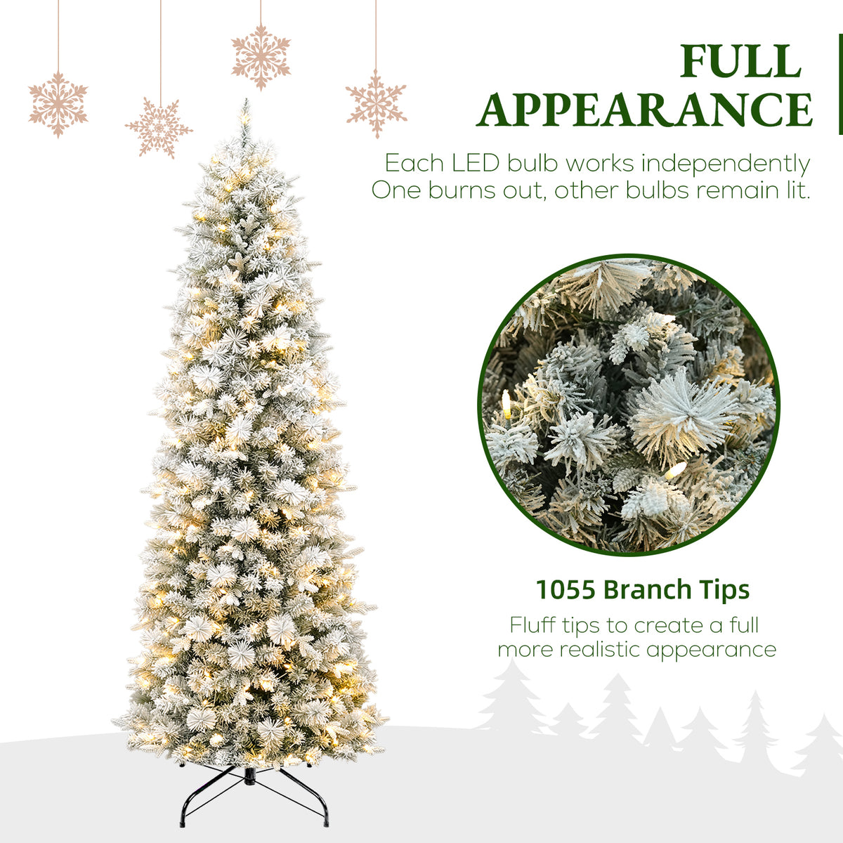 7.5 Ft Slim Lightly Flocked Mixed-Tip Pre-Lit Artificial Christmas Tree with Warm White LED Lights