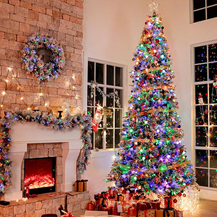 Vivatrees 6FT 7.5FT Flocked Slim Artificial Christmas Tree Pre-lit Hinged Mixed Pine Needle Warm White LED Lights PVC PE Branch Tips Foldable Base