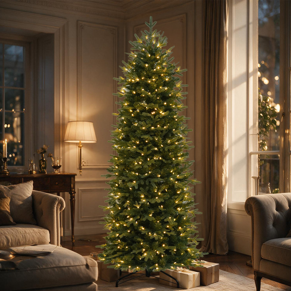 7.5 Ft Slim Mixed-Tip Pre-Lit Artificial Christmas Tree with Warm White LED Lights