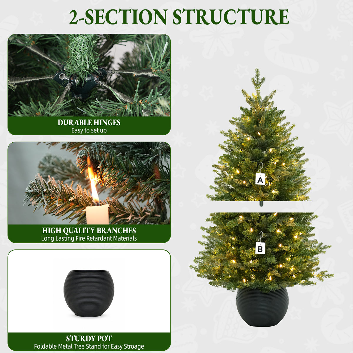 3' Merriglen Potted Fir Pre-Lit Artificial Christmas Tree with Warm White Lights