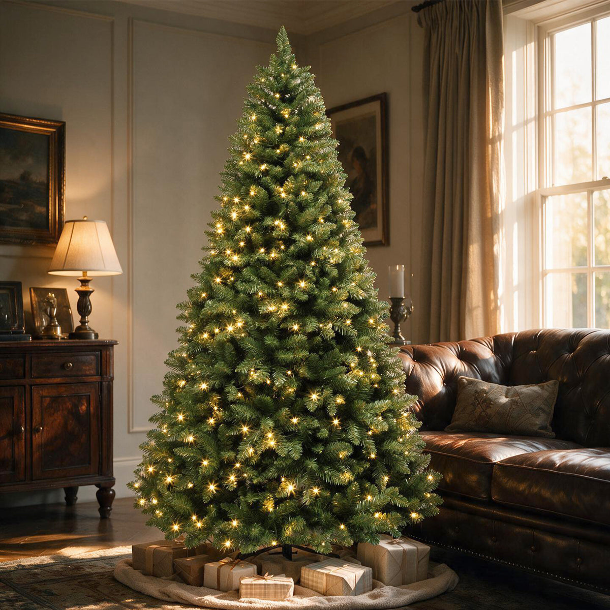 7 Ft Classic Green Pre-Lit Artificial Christmas Tree with 300 Warm White Lights