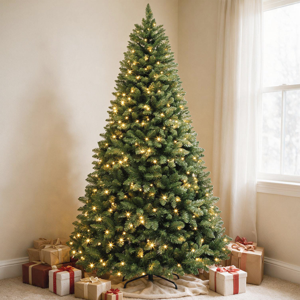 7 Ft Classic Green Pre-Lit Artificial Christmas Tree with 300 Warm White Lights