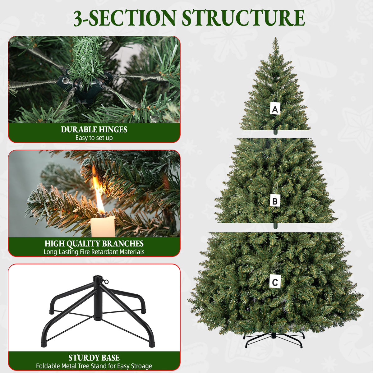 7 Ft Classic Green Pre-Lit Artificial Christmas Tree with 300 Warm White Lights
