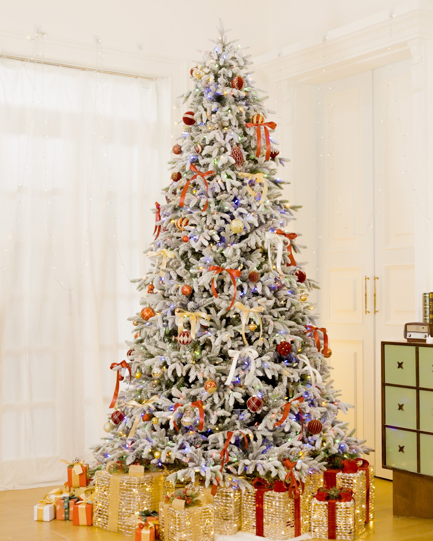 7.5' Frostwood Pre-Lit Flocked Fraser Fir Artificial Christmas Tree with 650 Warm White & Color LED Lights