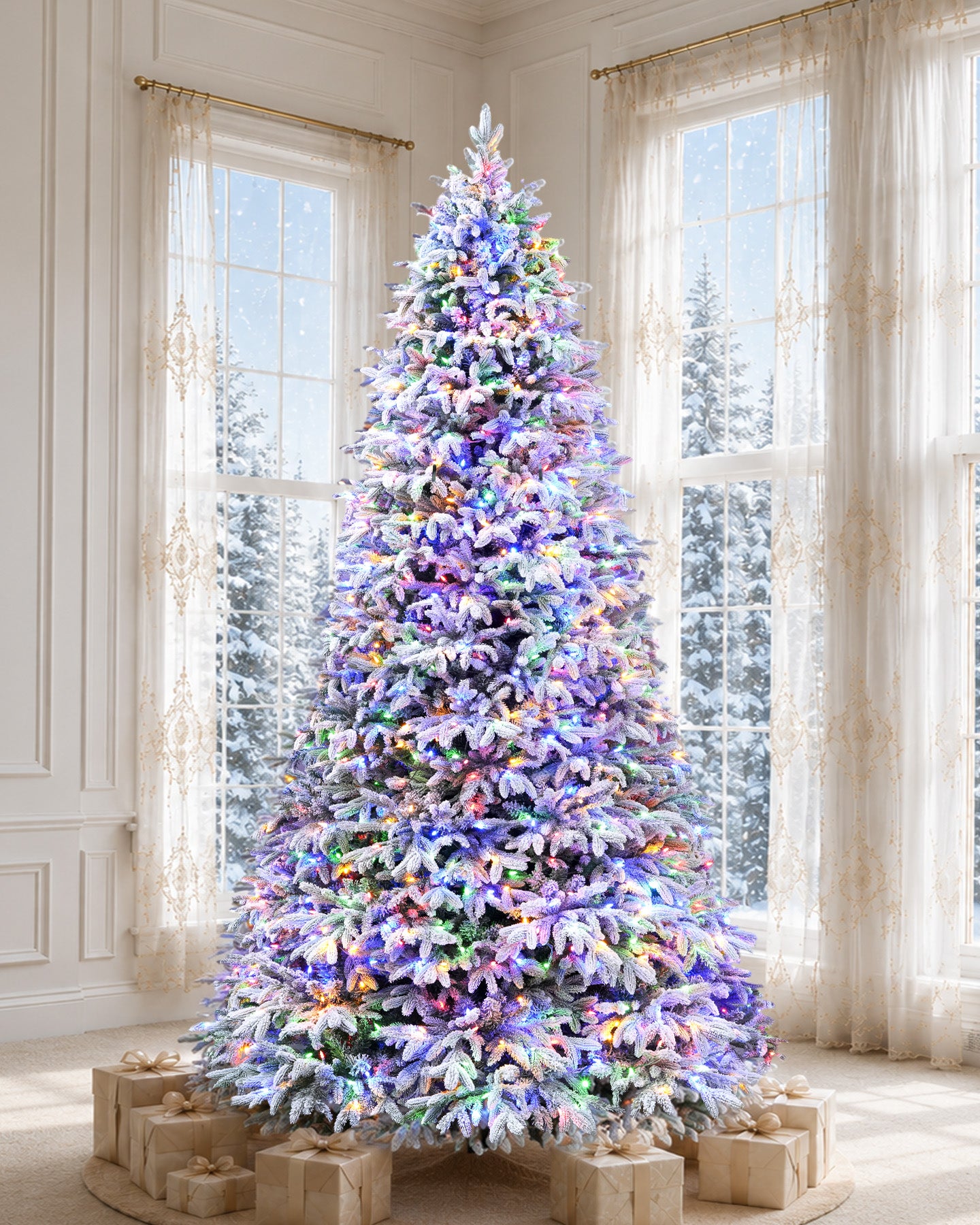 7.5' Frostwood Pre-Lit Flocked Fraser Fir Artificial Christmas Tree with 650 Warm White & Color LED Lights