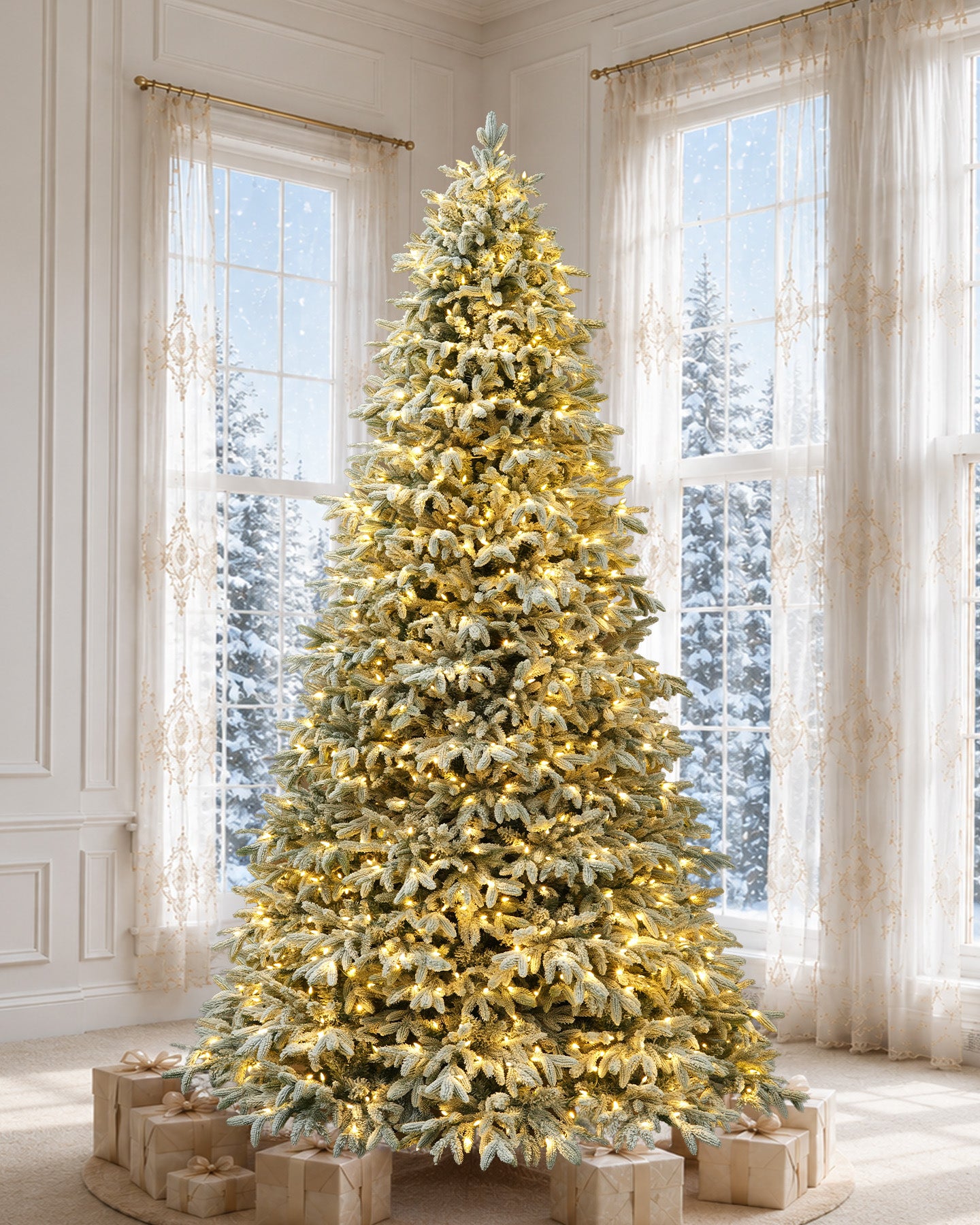 7.5' Frostwood Pre-Lit Flocked Fraser Fir Artificial Christmas Tree with 650 Warm White & Color LED Lights
