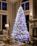 7.5' Frostwood Pre-Lit Flocked Fraser Fir Artificial Christmas Tree with 650 Warm White & Color LED Lights