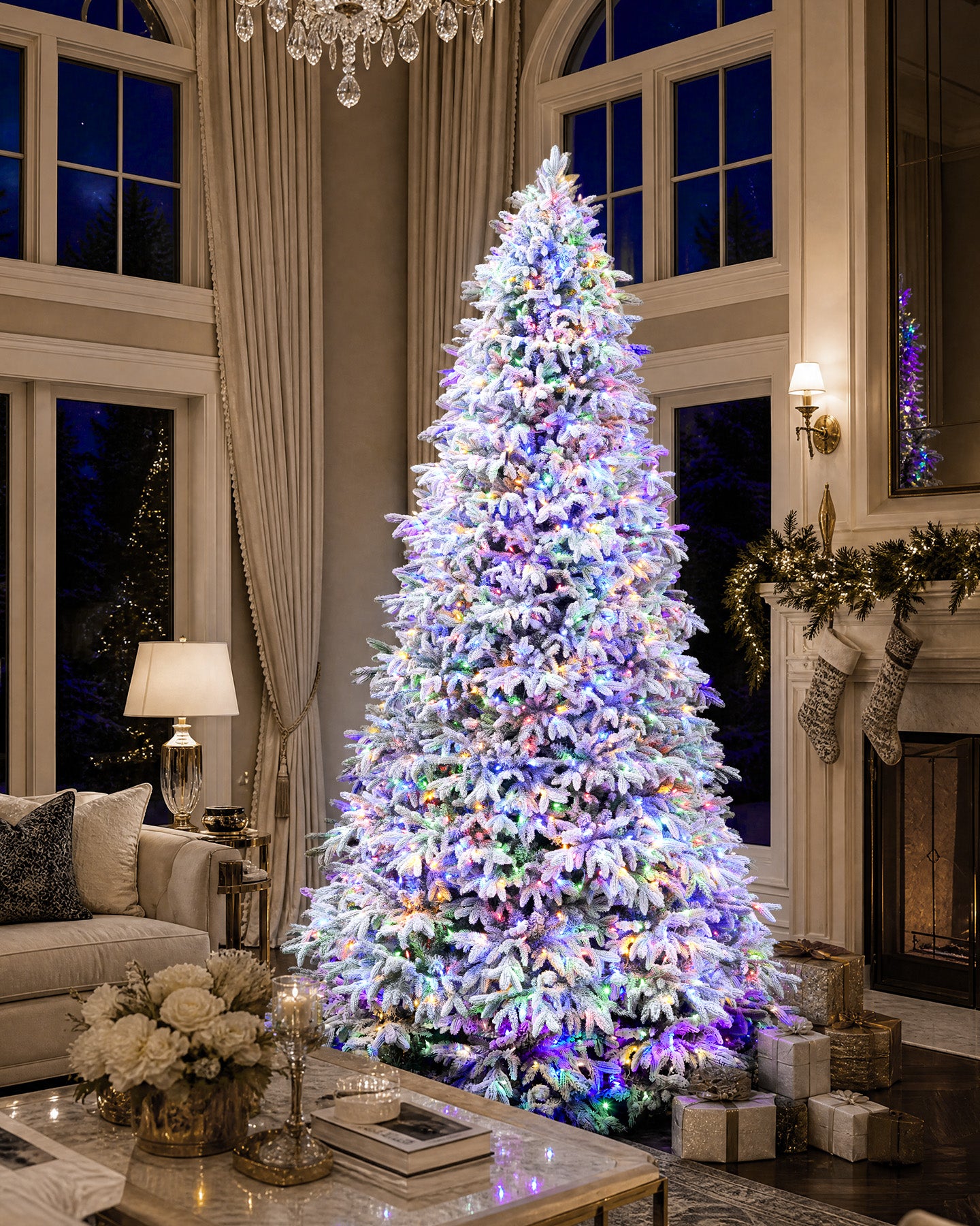7.5' Frostwood Pre-Lit Flocked Fraser Fir Artificial Christmas Tree with 650 Warm White & Color LED Lights