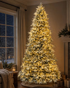 7.5' Frostwood Pre-Lit Flocked Fraser Fir Artificial Christmas Tree with 650 Warm White & Color LED Lights