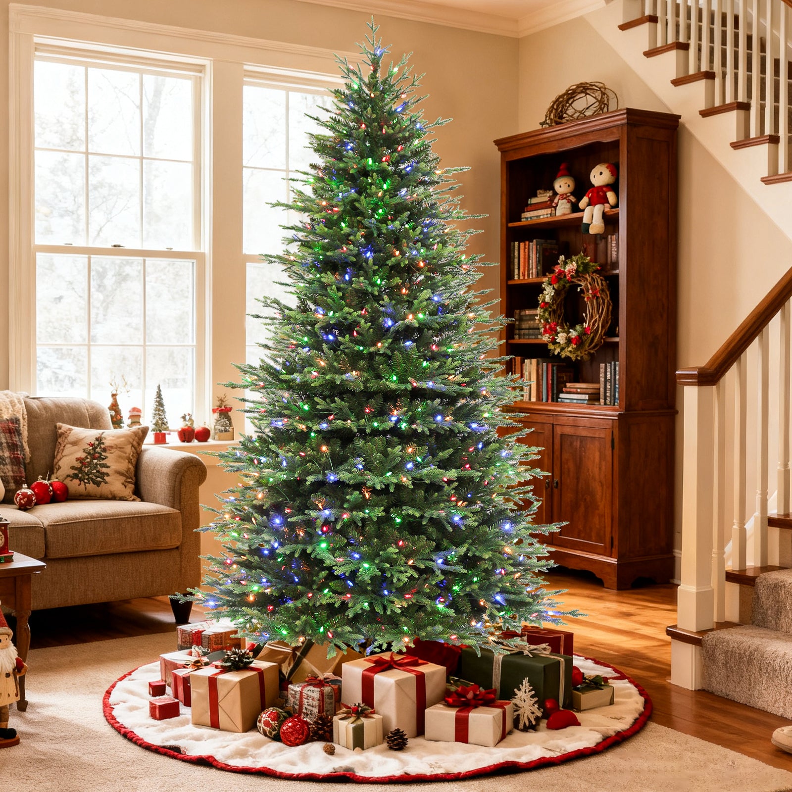 Vivatrees 7.5FT 9FT Artificial Christmas Tree Pre-lit Multi-color LED Lights, Hinged Branch Tips Foldable Base for Home Office Holiday Decor