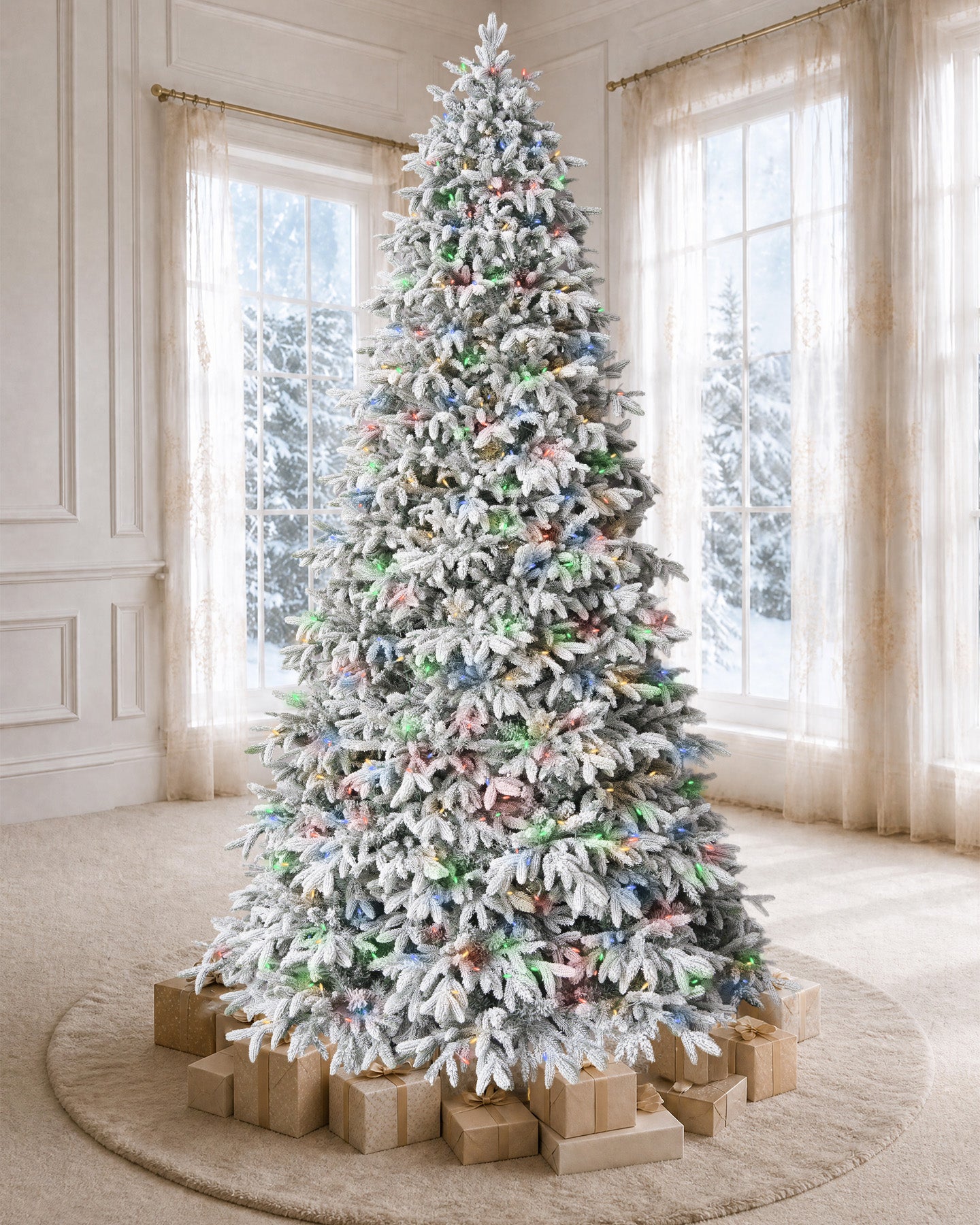 7.5' Frostwood Pre-Lit Flocked Fraser Fir Artificial Christmas Tree with 650 Warm White & Color LED Lights