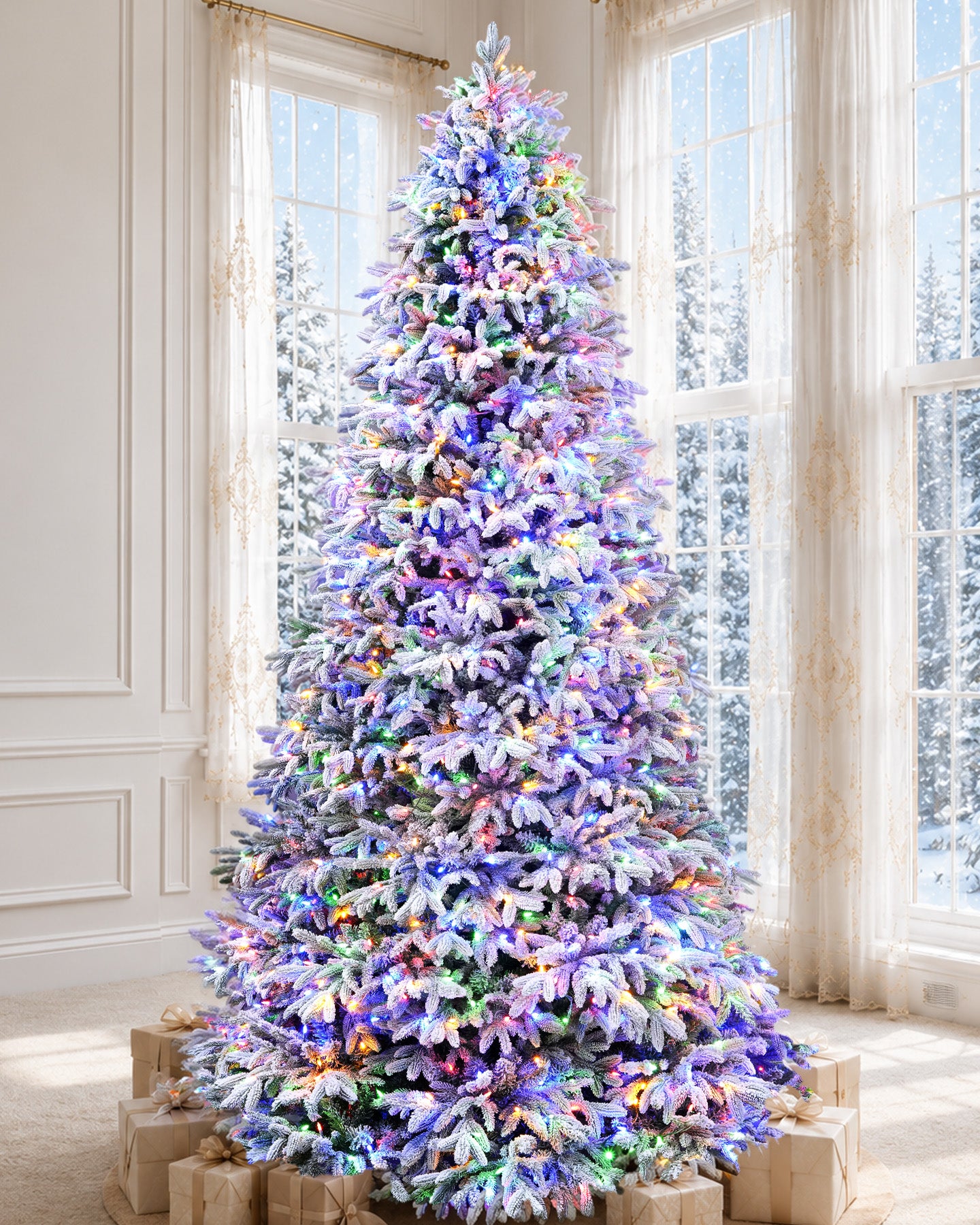 9' Frostwood Pre-Lit Flocked Fraser Fir Artificial Christmas Tree with 1050 Warm White & Color LED Lights