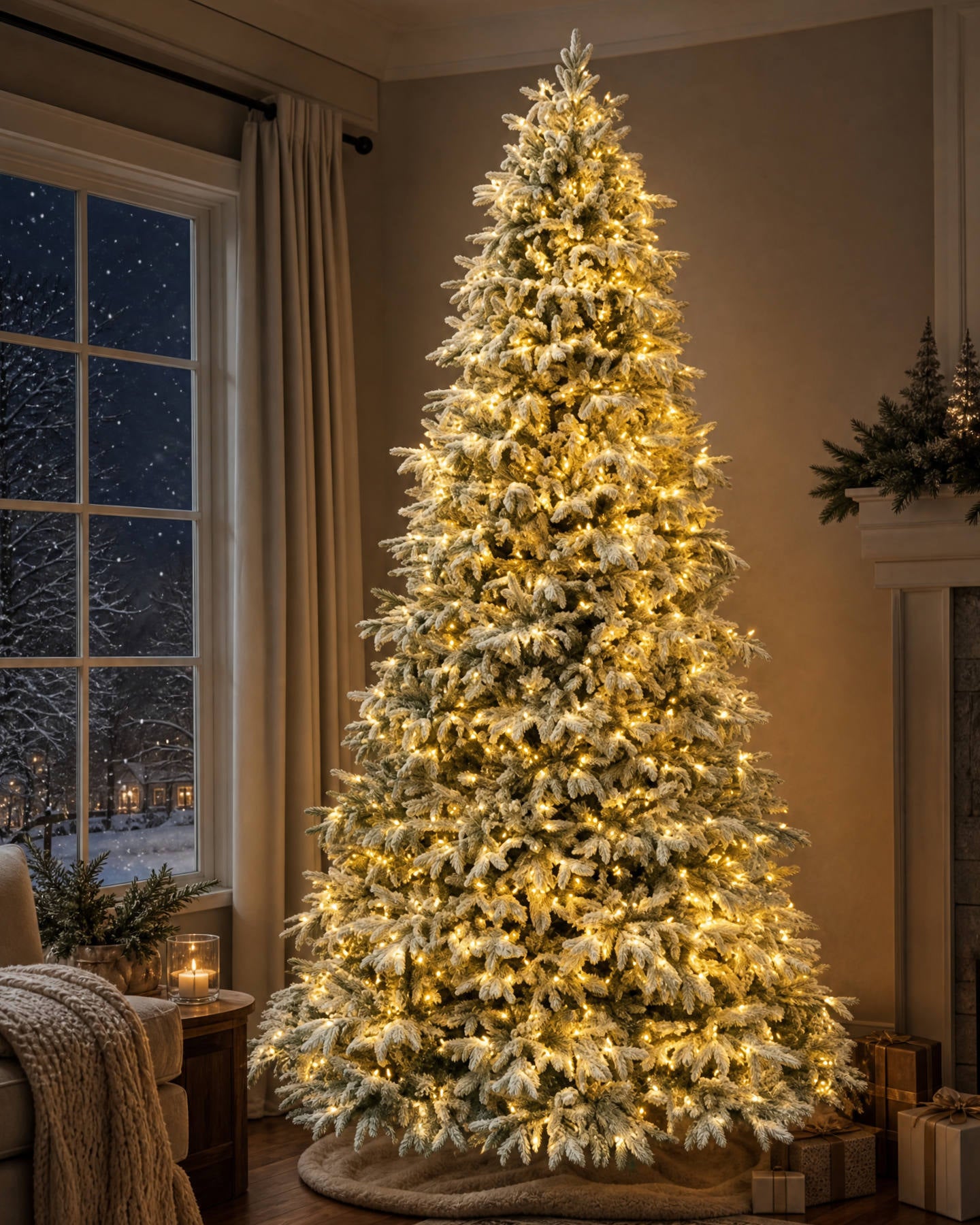 9' Frostwood Pre-Lit Flocked Fraser Fir Artificial Christmas Tree with 1050 Warm White & Color LED Lights